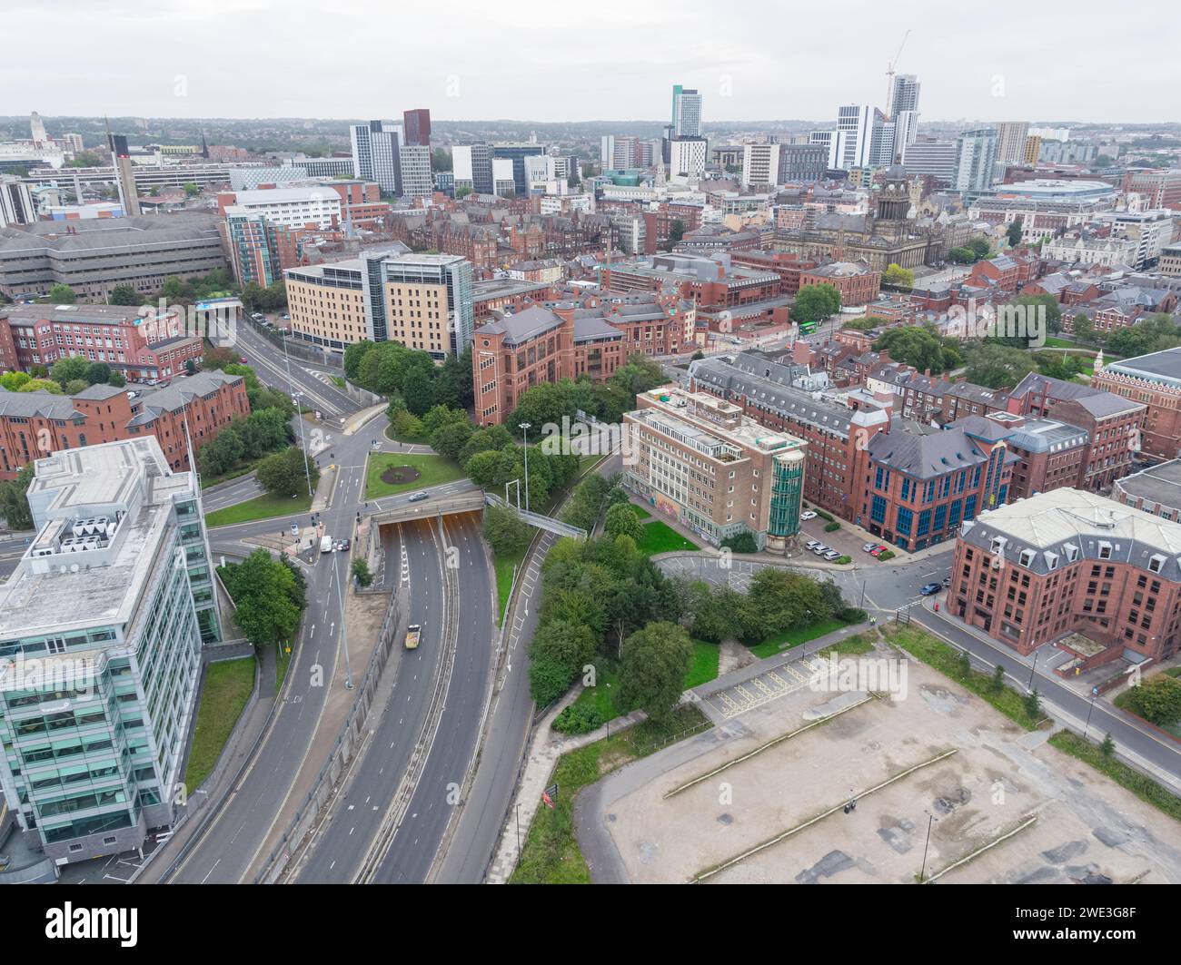 Aerial photograph of 1 Park Lane, Altus, Brotherton House, Leeds Town Hall, Park Square, Inner Ring Road & the wider Leeds city centre, Yorkshire, UK Stock Photo