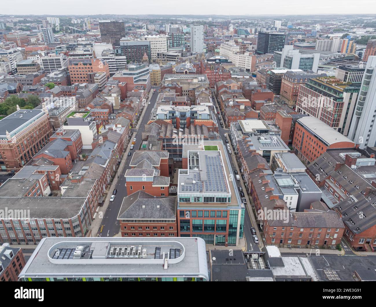 Aerial photograph of the roofs and rooftops of Leeds city centre, Yorkshire, UK taken from Leeds Inner Ring Road Stock Photo