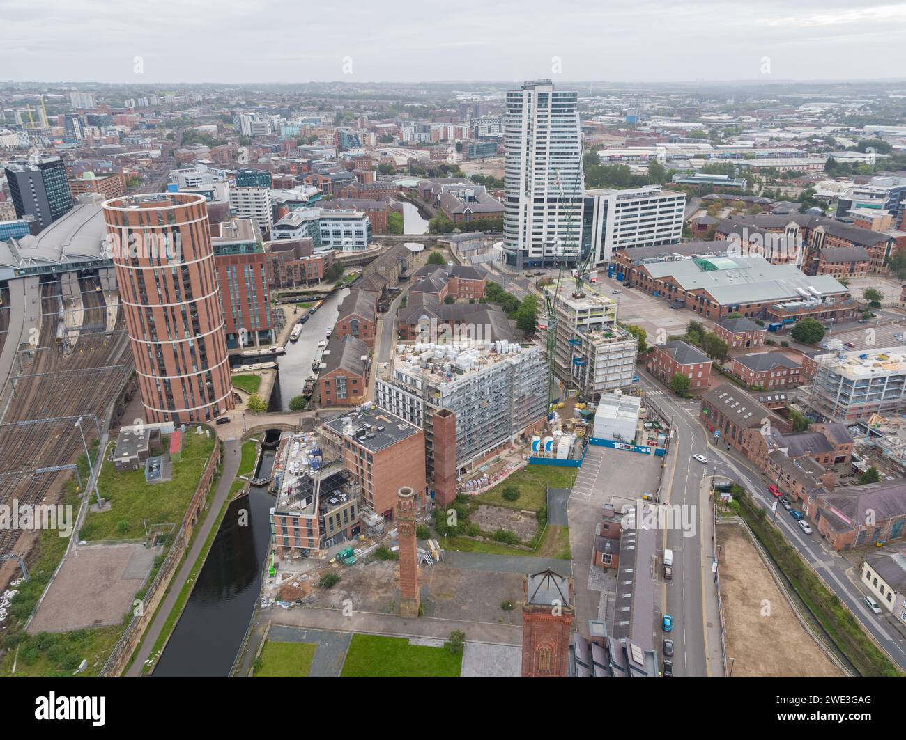 Aerial image of Tower Works, Mustard Wharf and Globe Point under construction with Candle House, Bridgewater Place & Leeds city centre, Yorkshire, UK Stock Photo