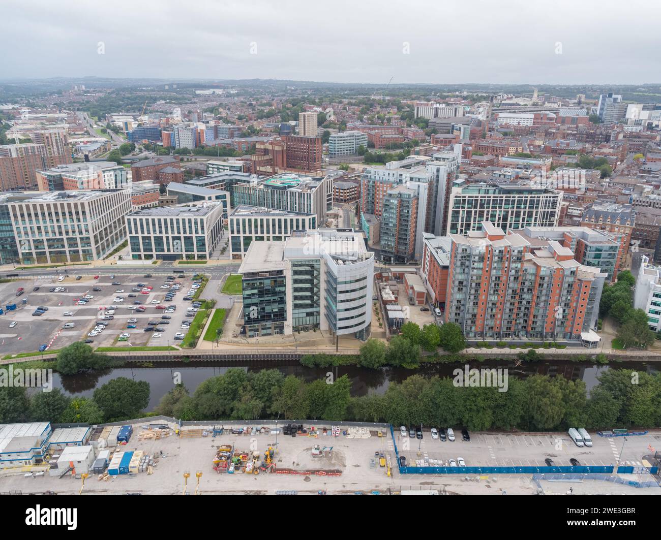 Aerial photograph of 1 Whitehall Riverside, the site of 2 Whitehall Riverside, Whitehall Quay, Wellington Place, River Aire in Leeds, Yorkshire, UK Stock Photo