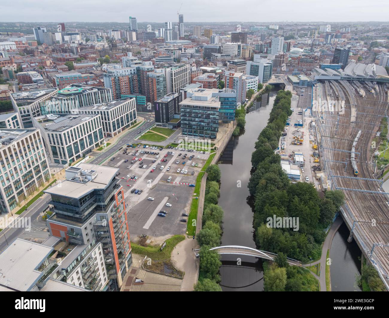 Aerial image looking down Whitehall Road towards Leeds city centre, UK including Wellington Place, River Aire, Leeds Station & Leeds Liverpool Canal Stock Photo