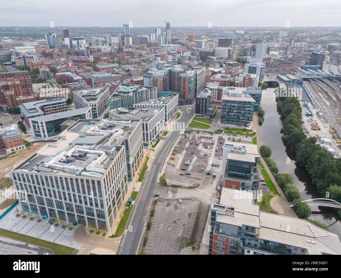 Aerial image looking down Whitehall Road towards Leeds city centre, UK including Wellington Place, River Aire, Leeds Station & Leeds Liverpool Canal Stock Photo