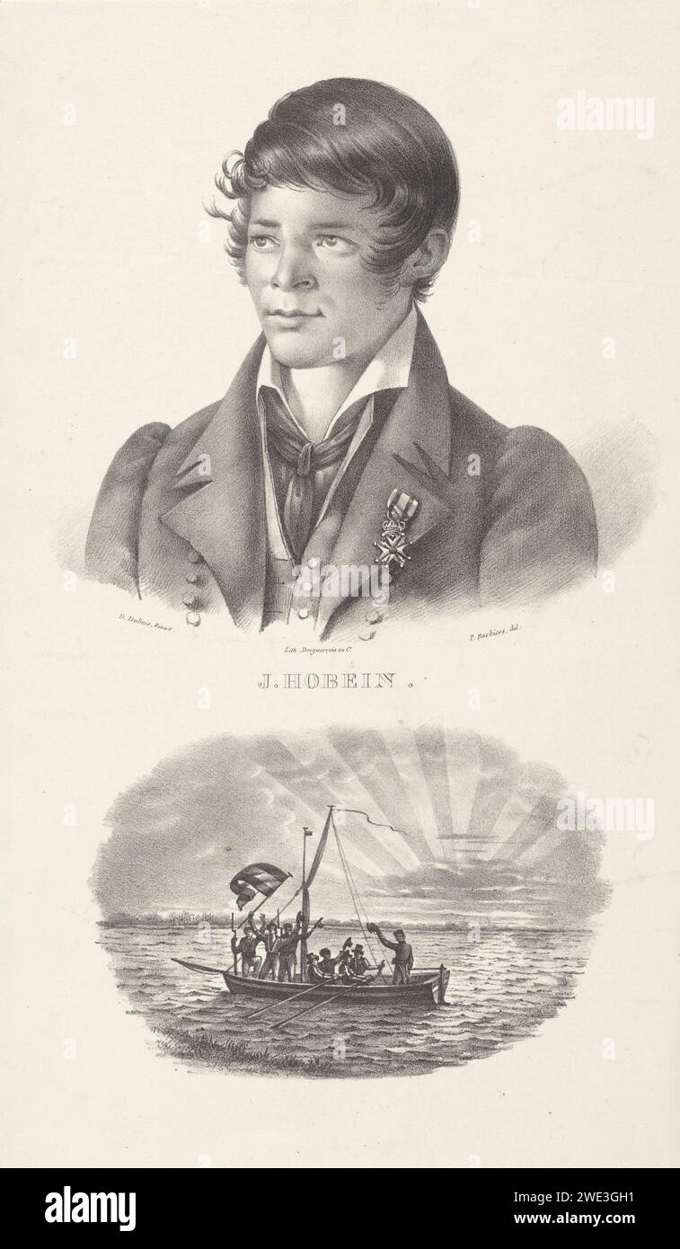 Portrait of sailor Jacob Hobein and his boat, Pieter Barbiers (IV), After D. Dubois, 1808 - 1848 print He wears a military William order on his chest. Under the portrait a scene with a boat on which the crew raises the Dutch flag in the air. print maker: Netherlandsprinter: Amsterdam paper  sailor. rowing facing forward, pushing. saluting with flag Stock Photo