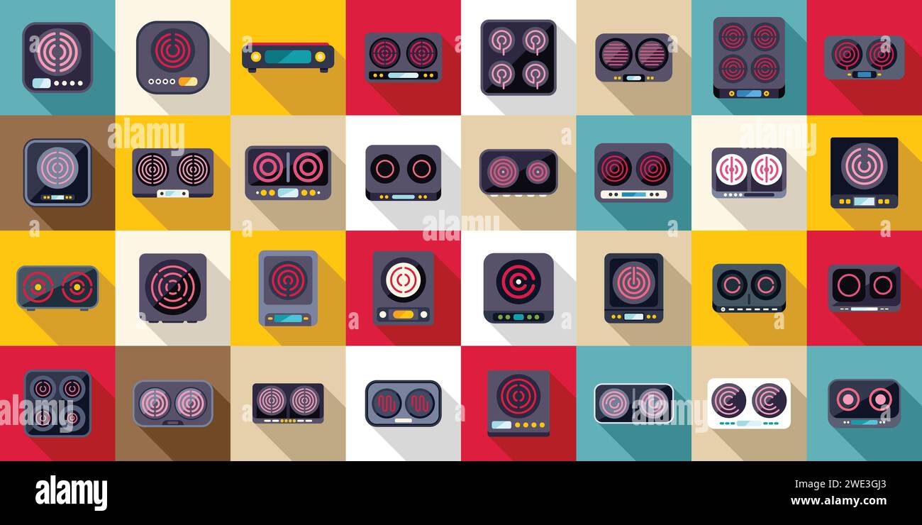 Induction cooker icons set flat vector. Cooking house. Oven stove Stock ...