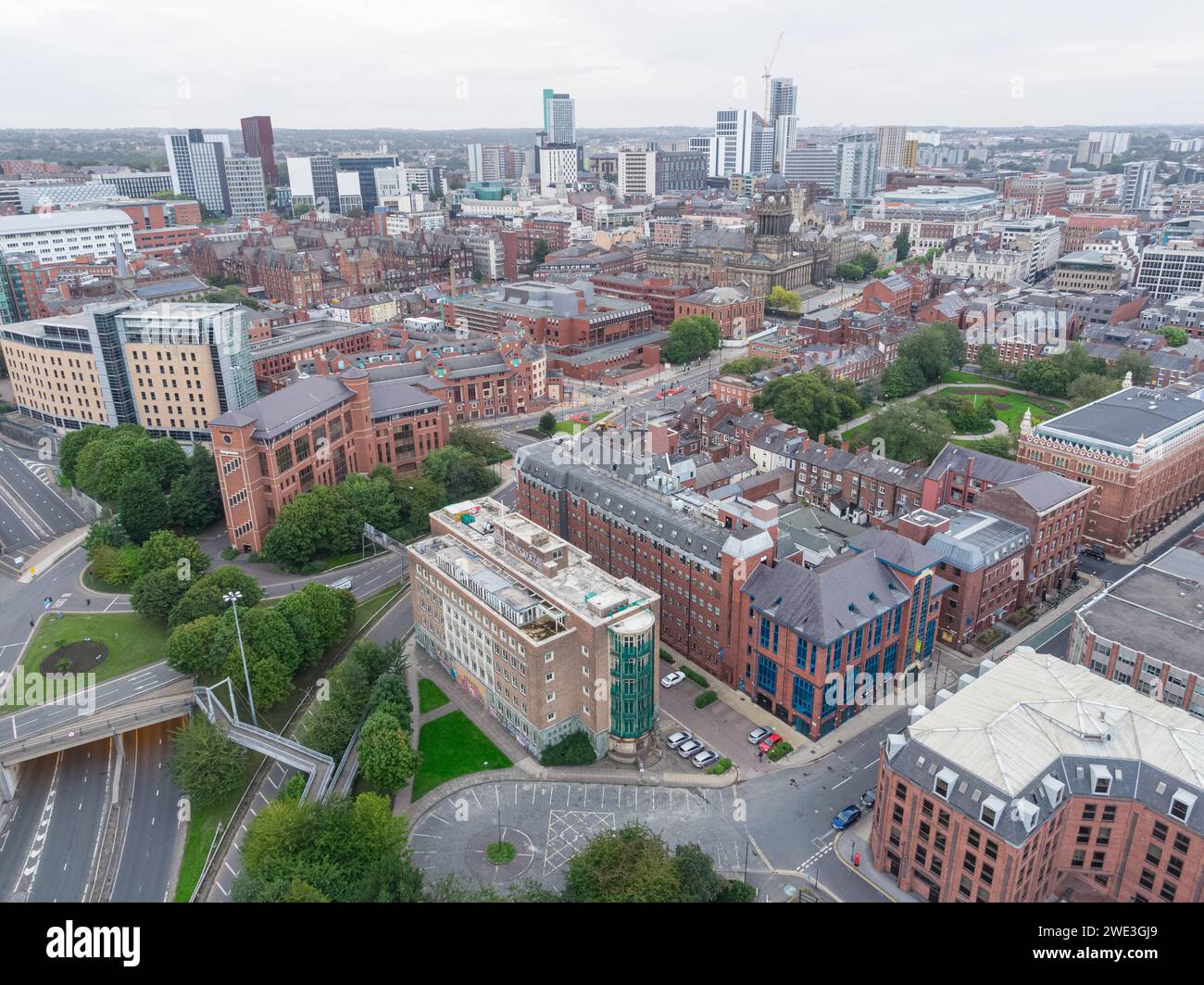 Aerial photograph of Brotherton House, MSV building, Leeds Town Hall, Altus, Park Square and the wider Leeds city centre, Yorkshire, UK Stock Photo