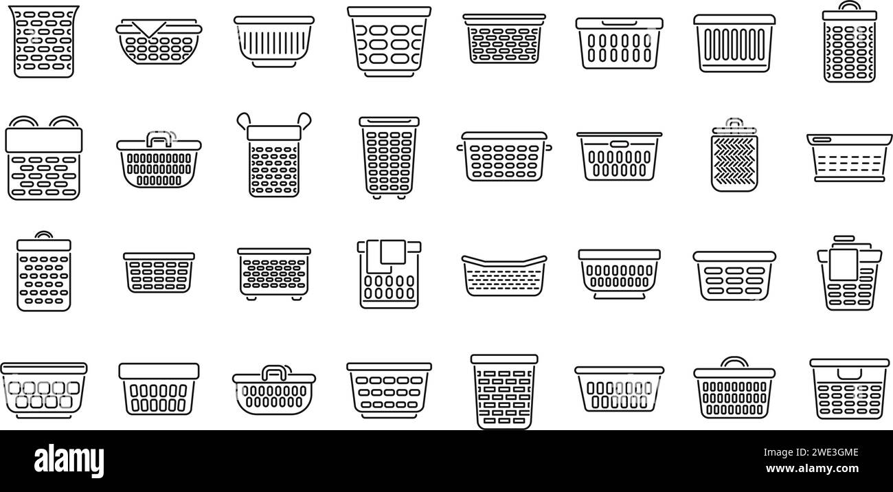 Laundry basket icons set outline vector. Clothes dirty. Pile fold