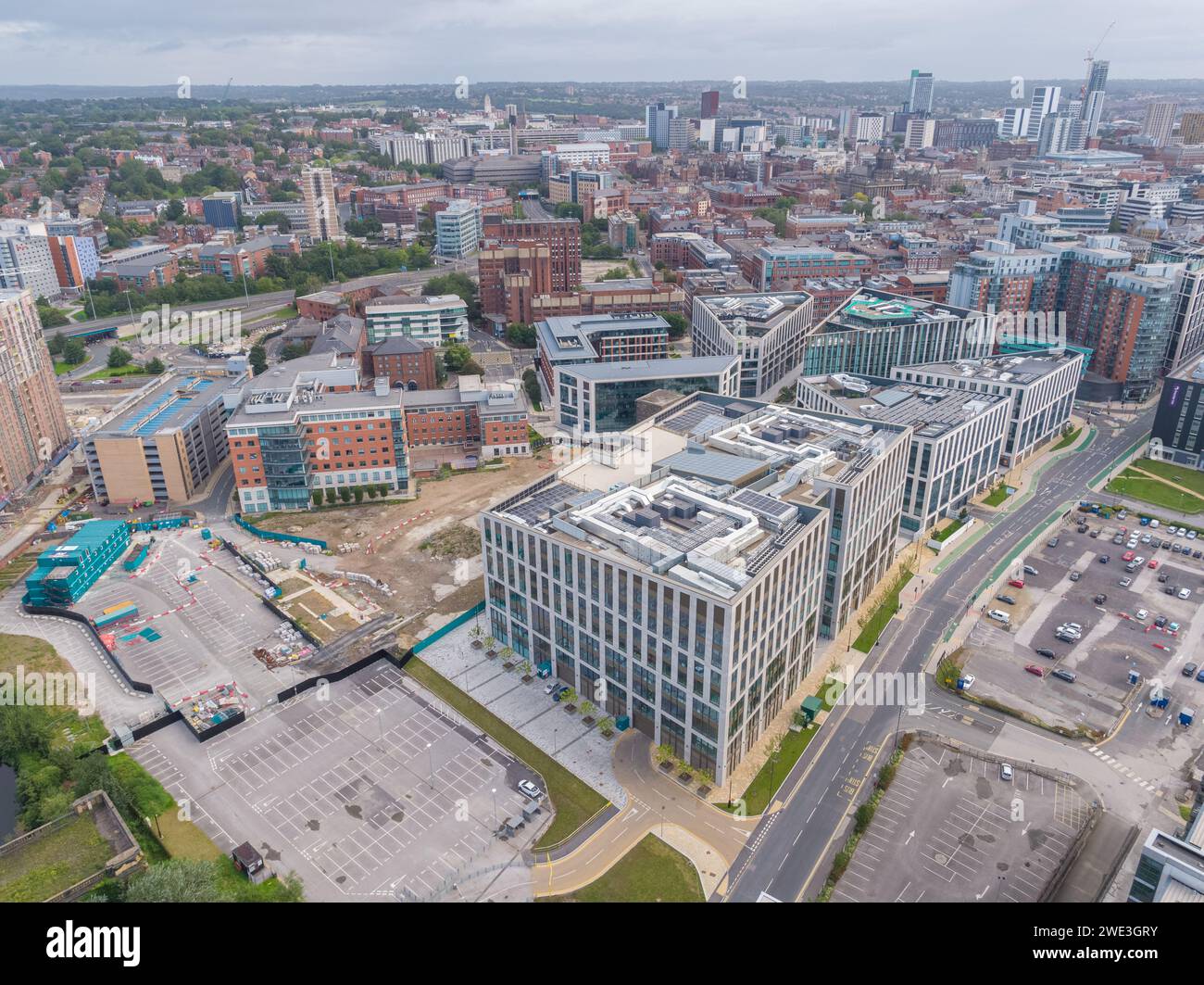 Aerial photograph of Wellington Place partly under construction including the wider Leeds city centre, Yorkshire, UK Stock Photo