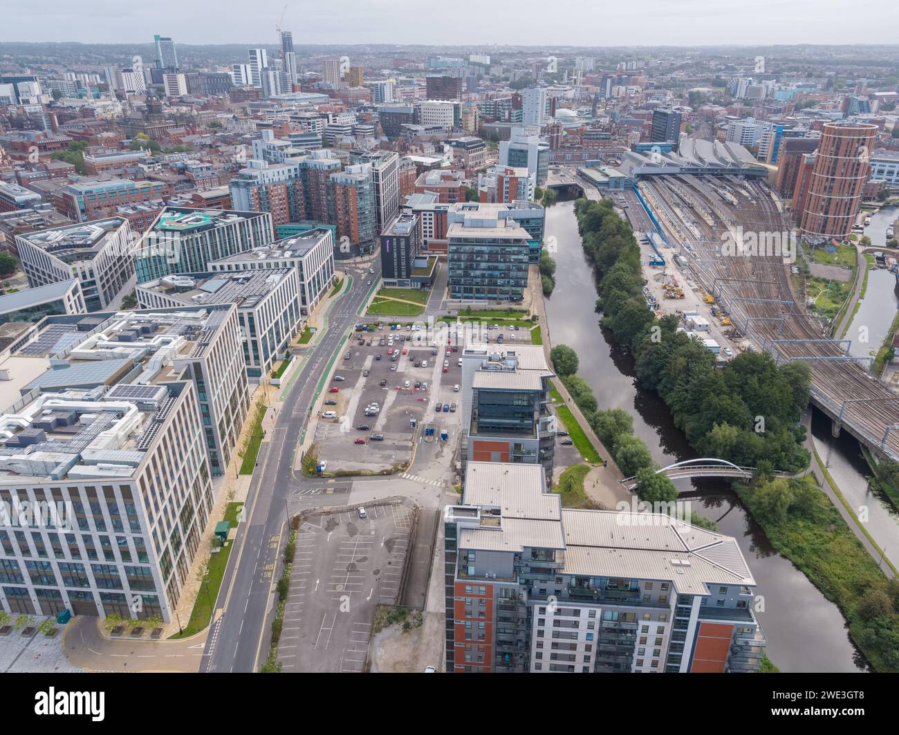 Aerial image looking down Whitehall Road towards Leeds city centre, UK including Wellington Place, River Aire, Leeds Station & Leeds Liverpool Canal Stock Photo