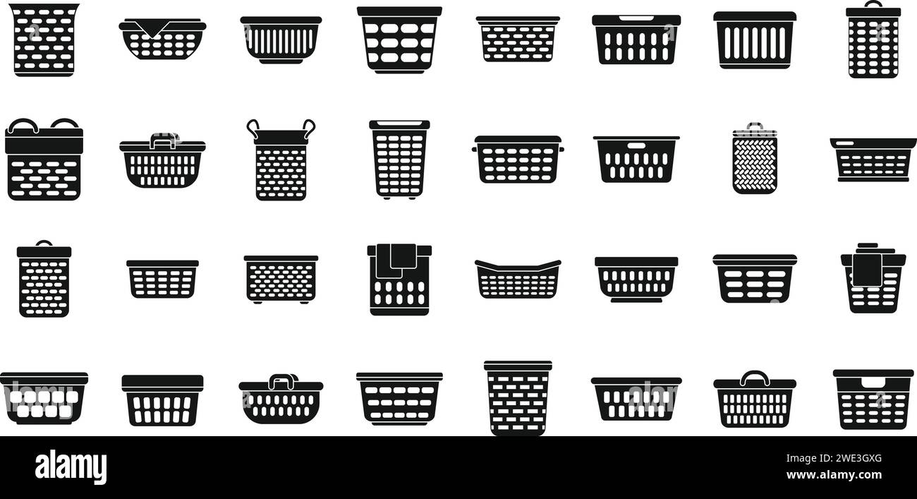 Laundry basket icons set simple vector. Clothes dirty. Pile fold wicker