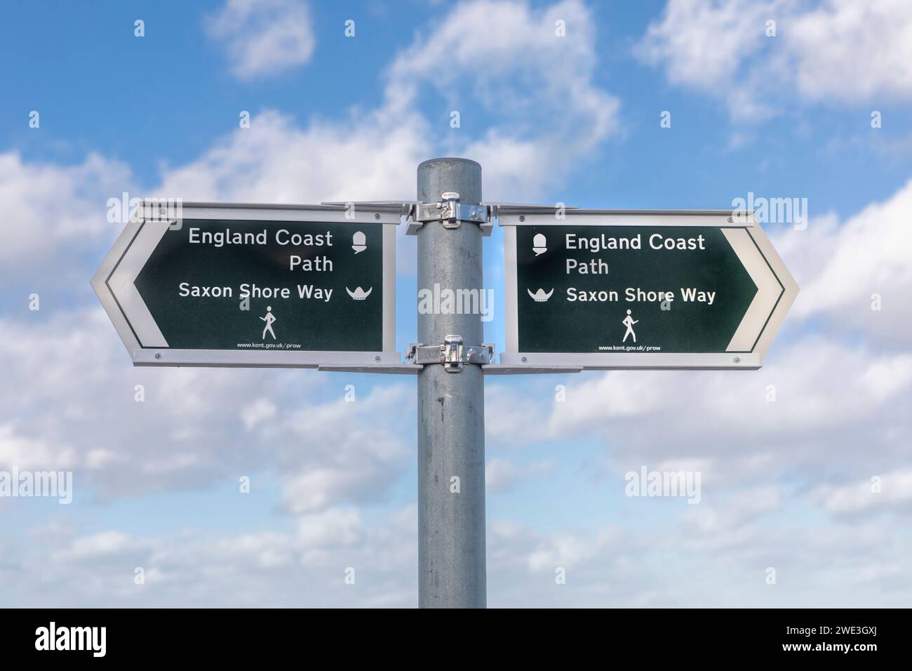 A sign for the England Coast Path and Saxon Shore Way in Herne Bay, Kent, UK Stock Photo