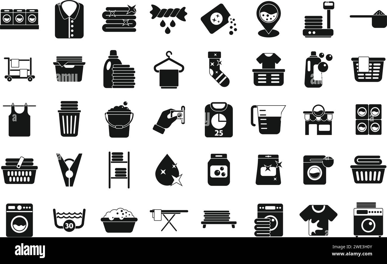 Laundromat icons set simple vector. Laundry room. Service interior home