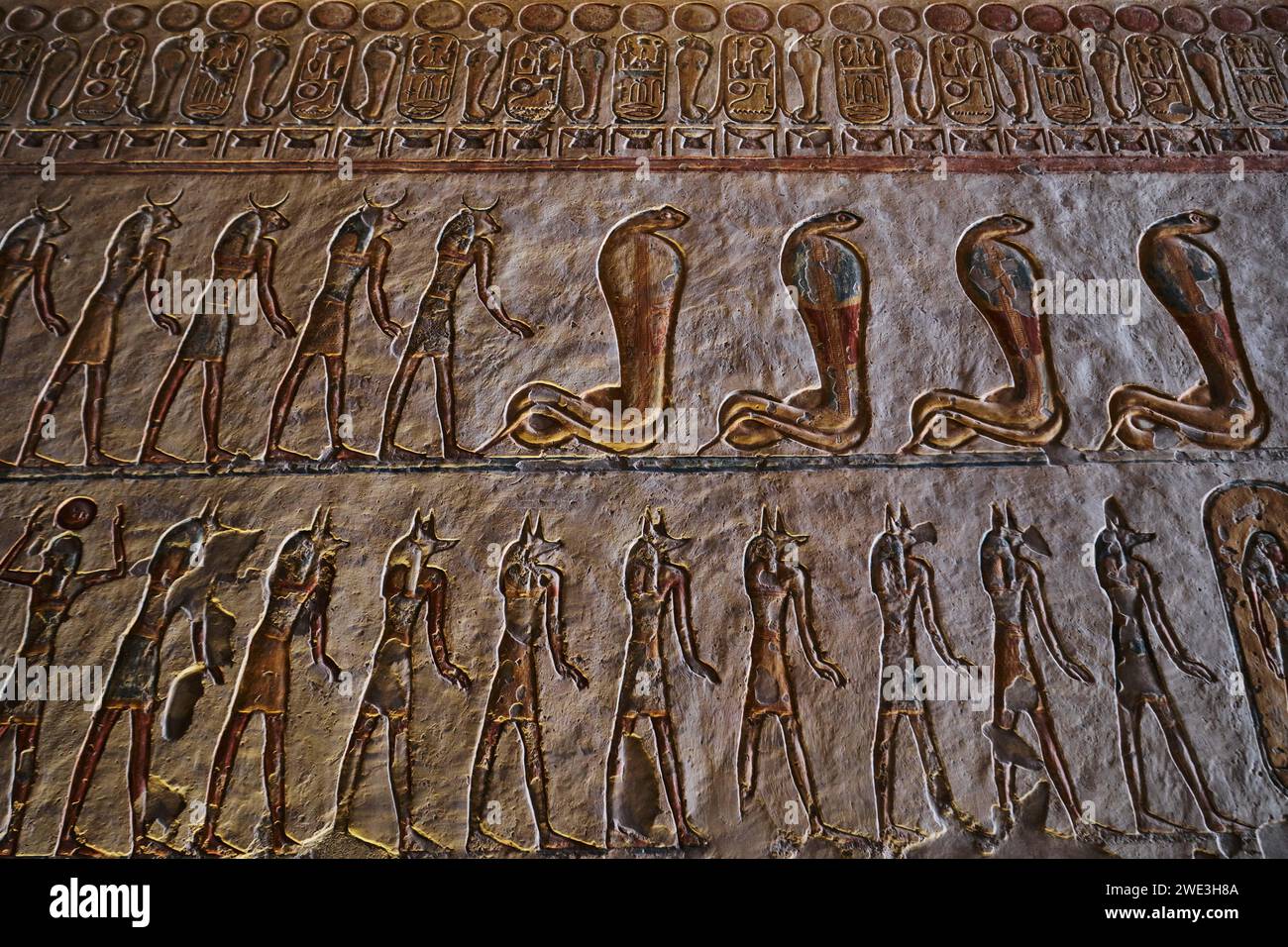 Luxor, Egypt - January 2, 2024: Colorful hieroglyphs on the wall in Tomb of Ramesses V and Ramesses VI, KV9, Valley of the Kings Stock Photo