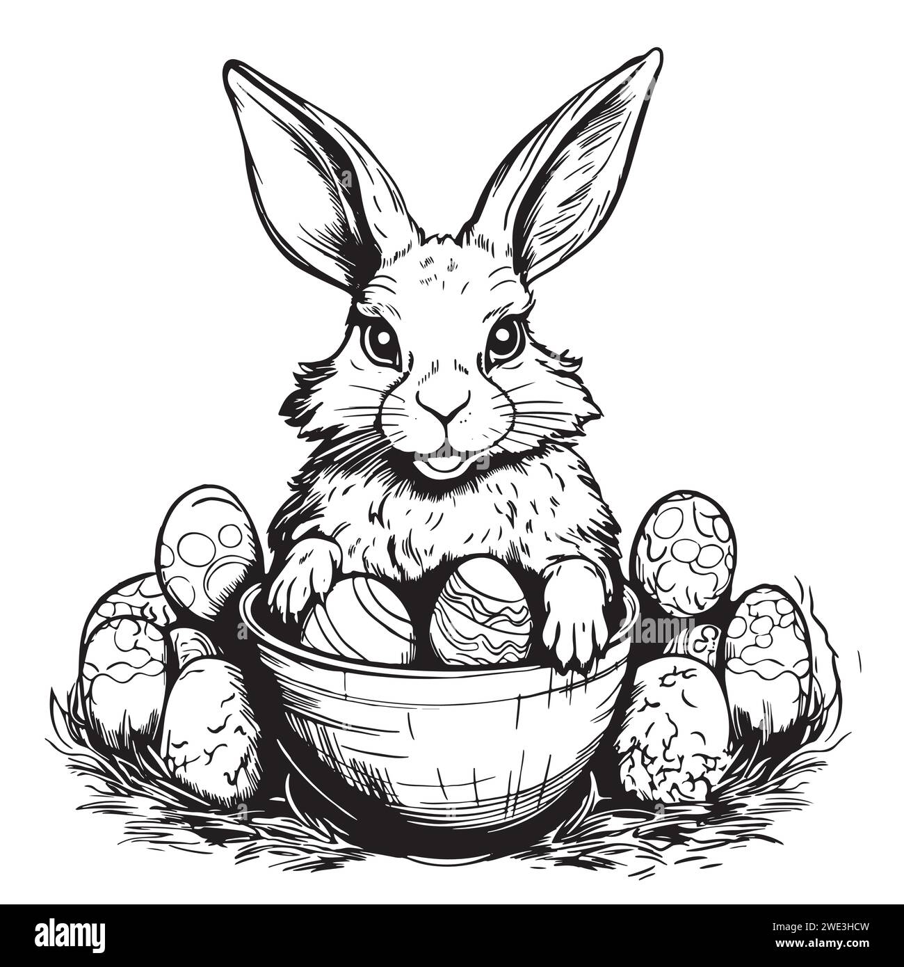 Easter bunny in flowers, eggs and spring flowers outline doodle black and white vector illustration for coloring pages or Easter cards design. Stock Vector