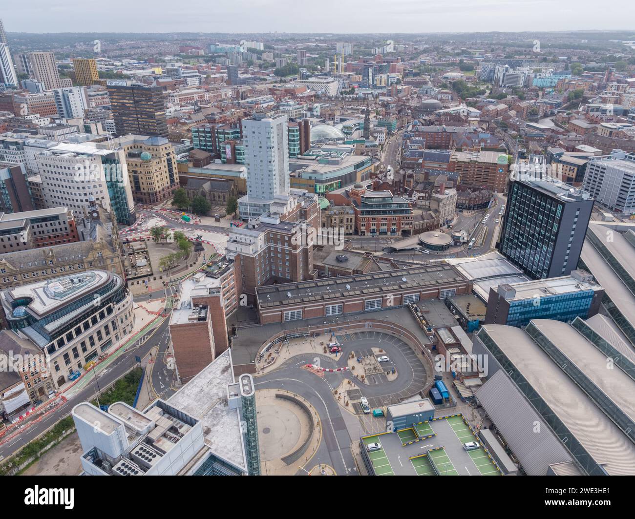 Aerial image of 1 City Square, Mill Hill Chapel, Majestic, Queens Hotel, Park Row, Boar Lane and the wider Leeds city centre, Yorkshire, UK Stock Photo