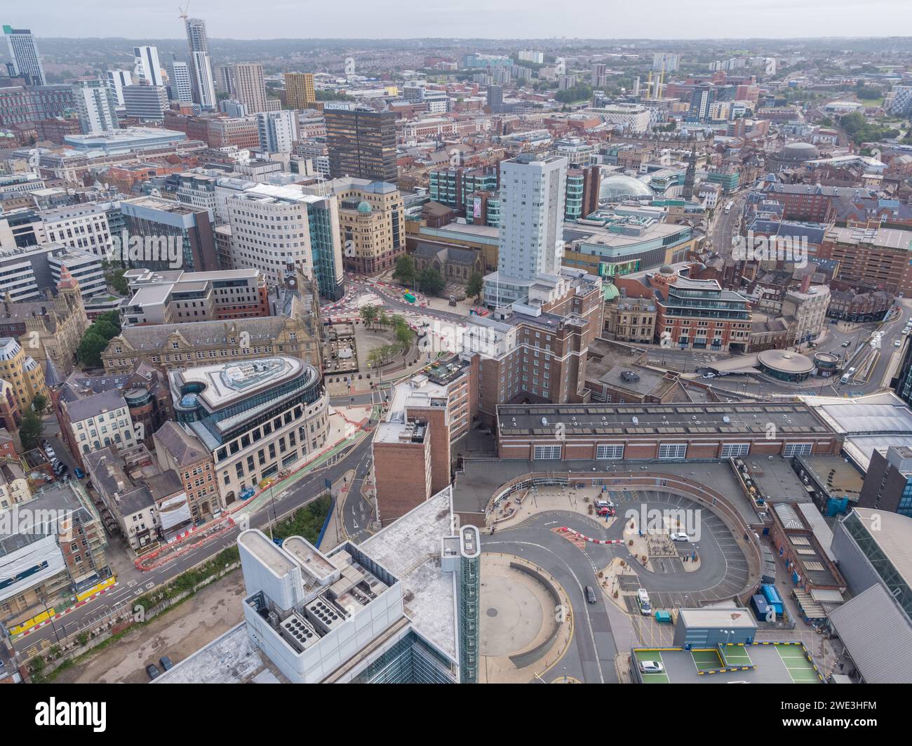 Aerial image of 1 City Square, Mill Hill Chapel, Majestic, Queens Hotel, Park Row, Boar Lane and the wider Leeds city centre, Yorkshire, UK Stock Photo