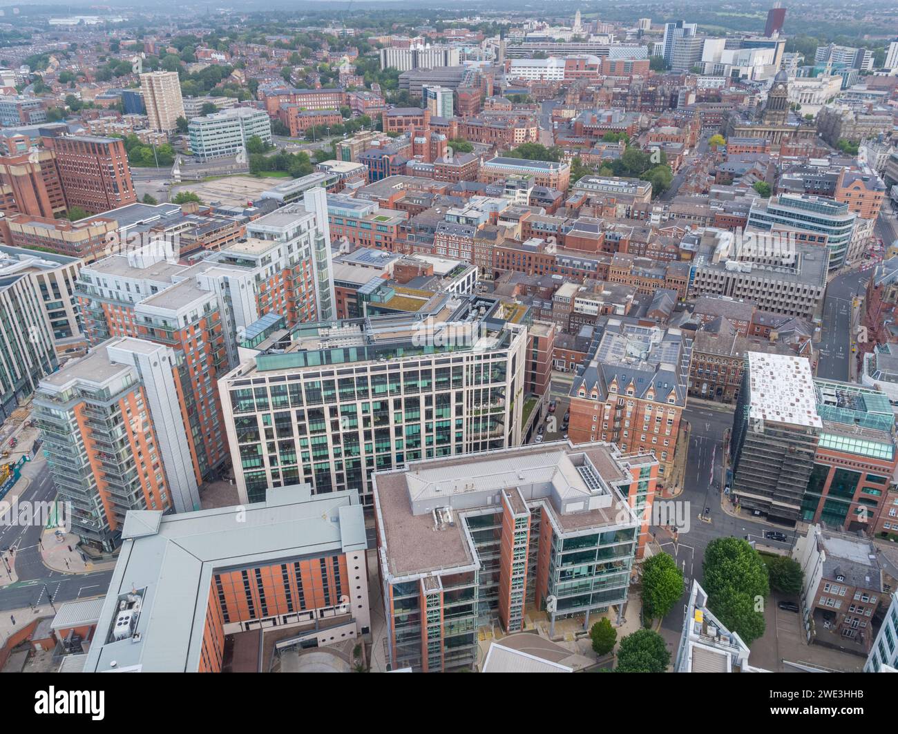 Aerial image of Central Square, Leeds Town Hall, West Point, Whitehall Quay and the wider Leeds city centre, Yorkshire, UK Stock Photo