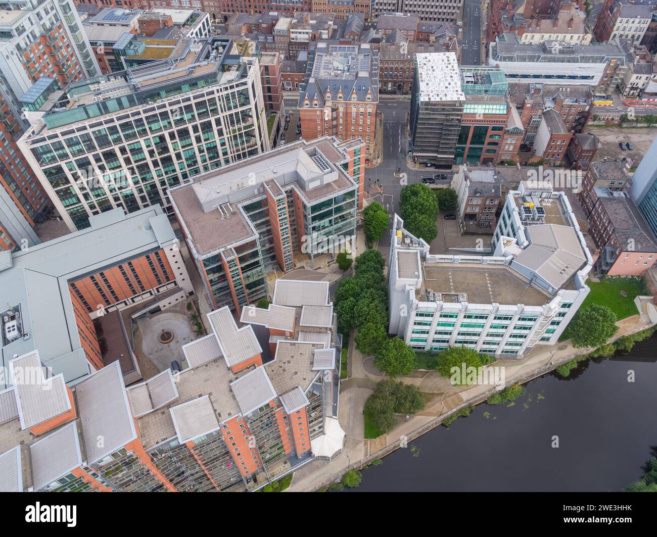 Aerial image of Whitehall Quay, West Point and the River Aire in Leeds city centre, Yorkshire, UK Stock Photo