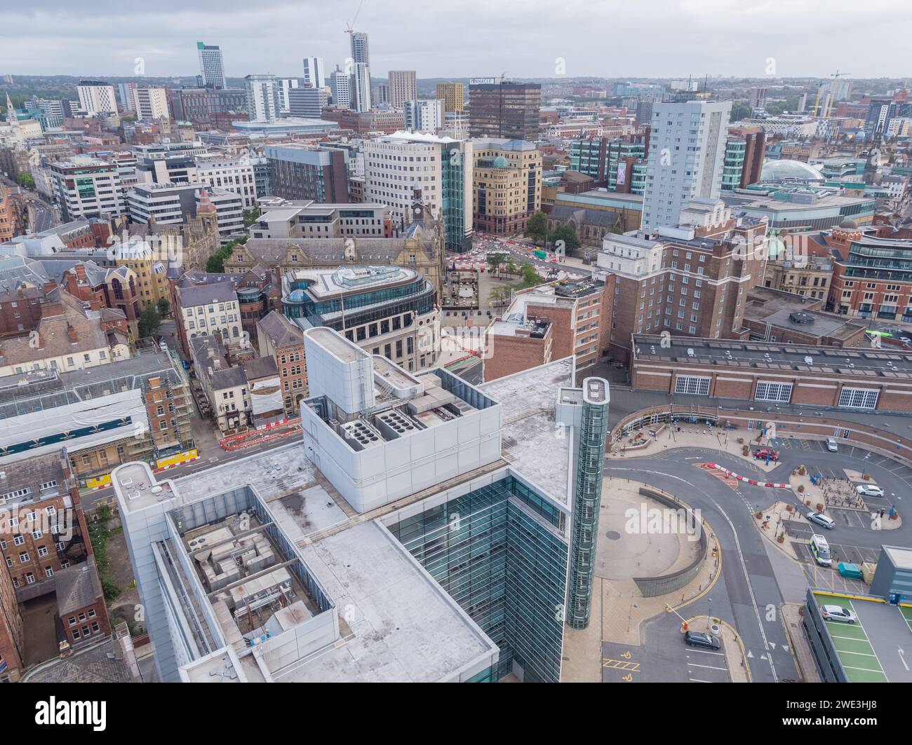 Aerial image of City Square, Park Plaza, Majestic, Whitehall Quay and wider Leeds city centre, Yorkshire, UK Stock Photo