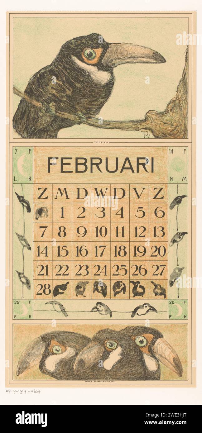 Calendar magazine February with Toekan, Theo van Hoytema, 1914 print In the ornament edge and the Calendarium birds. At the bottom of three Toekans. In the corners the positions of the moon on four days. At the top of the leaf a crack line. print maker: The Hagueprinter: Amsterdampublisher: Amsterdampublisher: Amsterdam paper  February  other concepts. lunar year. birds Stock Photo