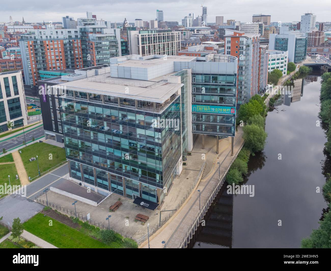 Aerial image of 1 Whitehall Riverside over the River Aire in Leeds city centre, Yorkshire, UK Stock Photo