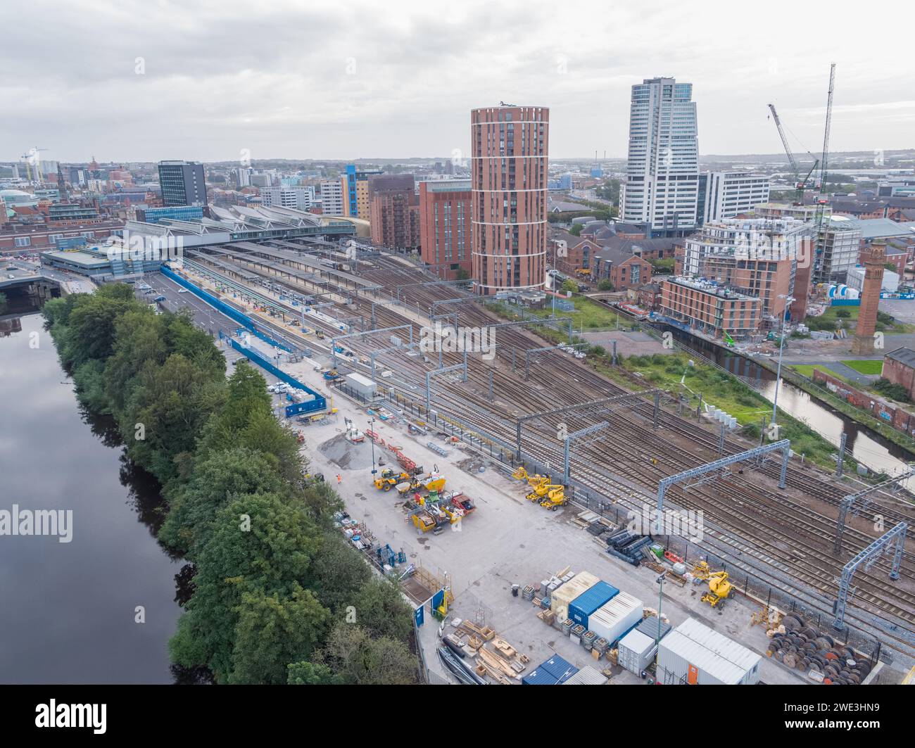 Aerial image of Leeds City train station, platforms and railway lines, Candle House, Bridgewater Place, City House in Leeds city centre, Yorkshire, UK Stock Photo
