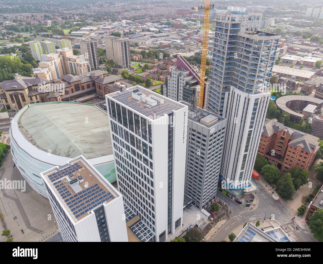 Aerial image of Altus House, Unite, White Rose View student accommodation and Leeds Arena, Leeds city centre, Yorkshire, UK taken over Merrion Way Stock Photo