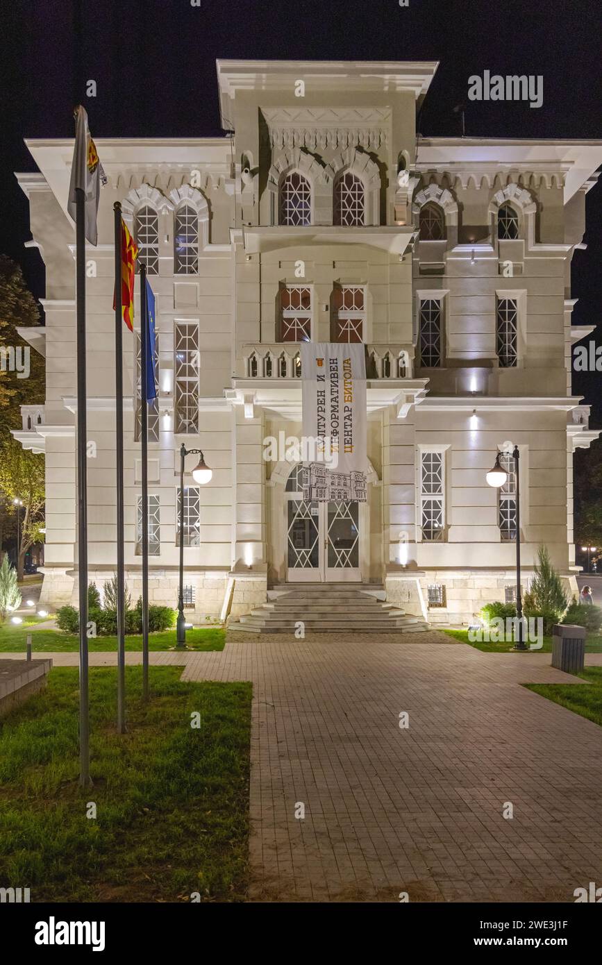 Bitola, North Macedonia - October 22, 2023: Illuminated Building House of Officers Army at Night in Town Centre Culture Centre. Stock Photo