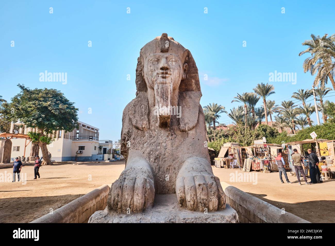 Memphis, Egypt - January 2, 2024: An alabaster Sphinx in the ruins of Memphis once the ancient capital of the Old Kingdom of Egypt Stock Photo