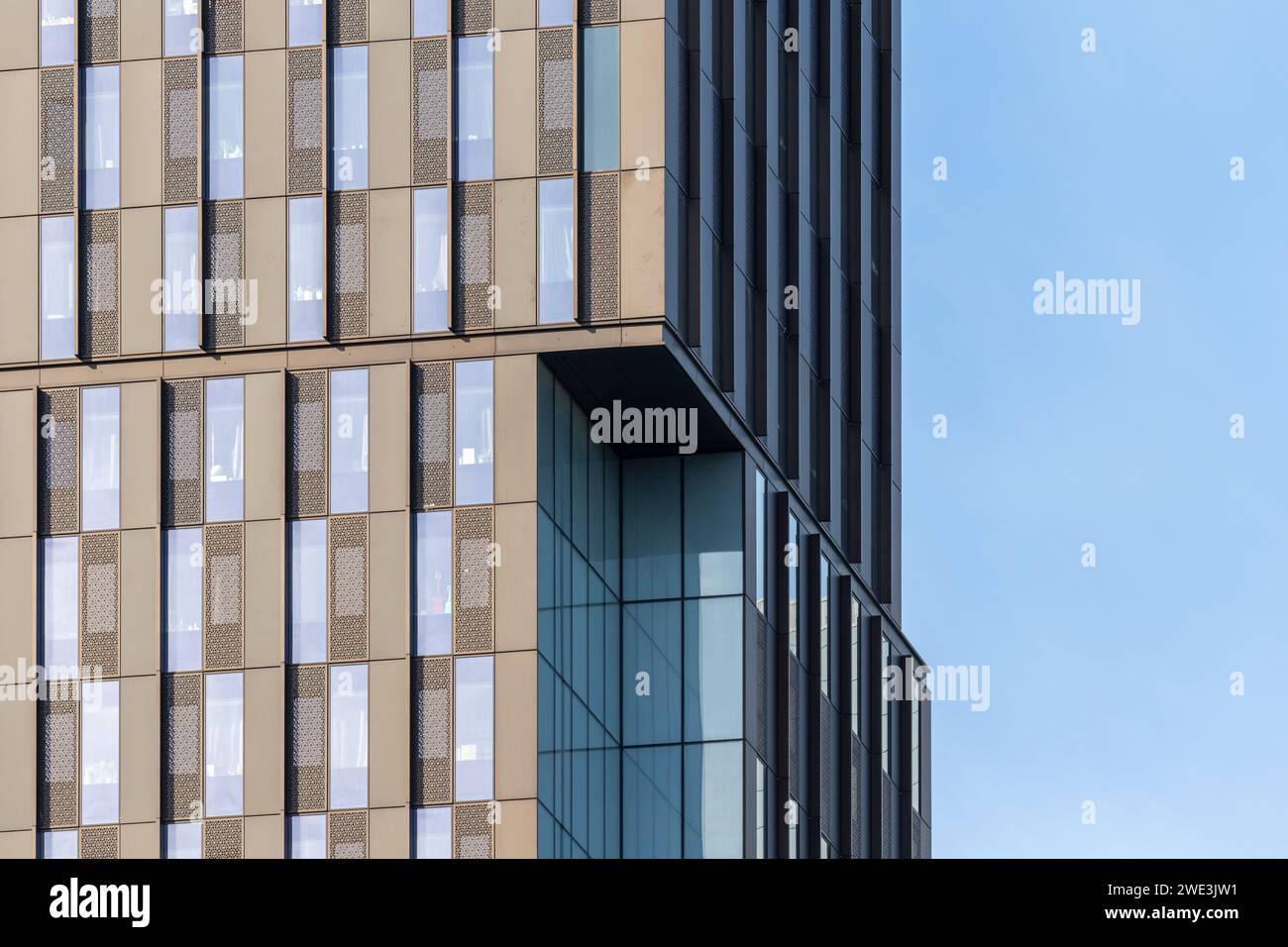 Close up and detailed image of the cladding and facade of Artisan Heights student accommodation, Manchester, UK Stock Photo