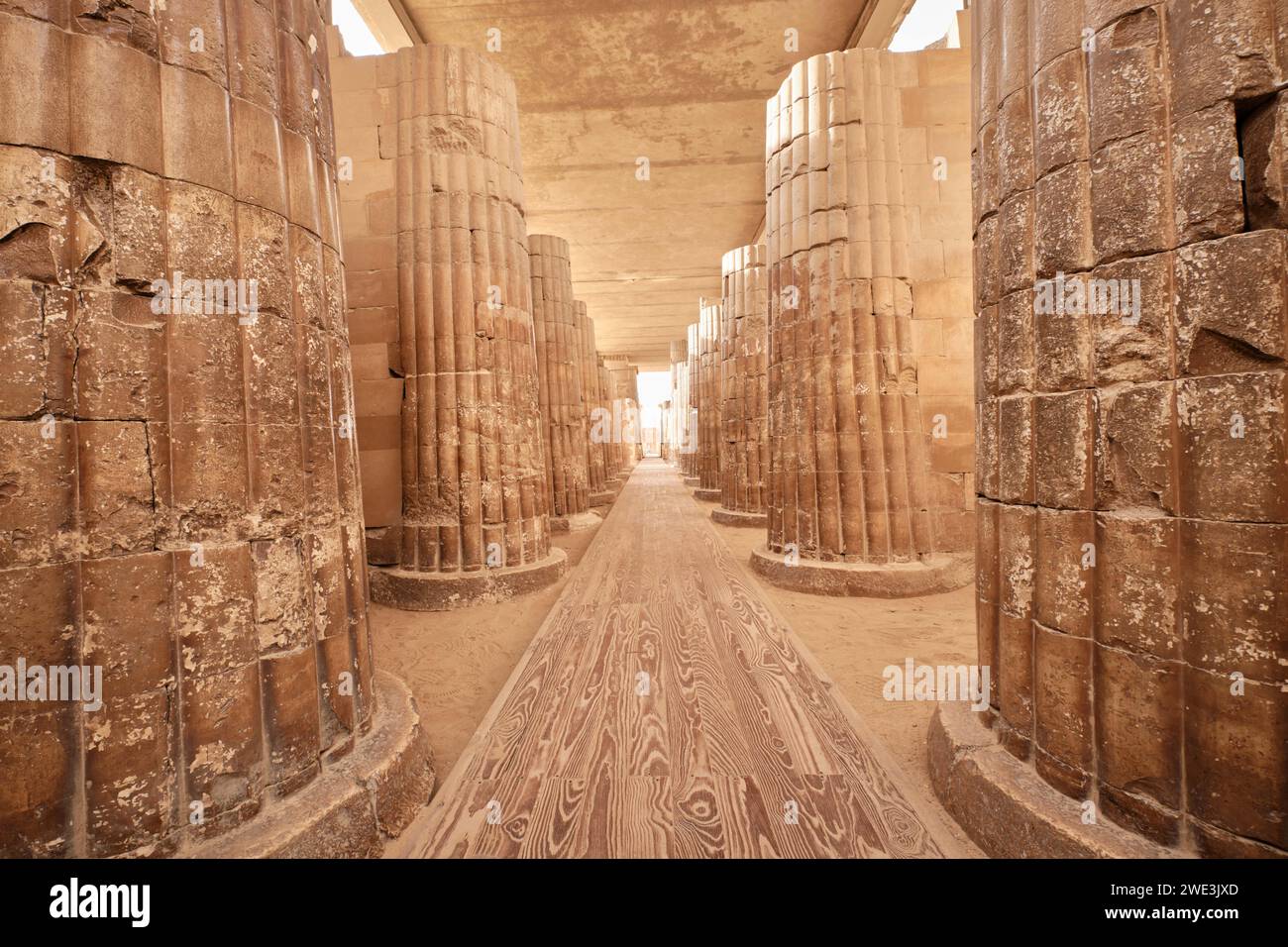 Saqqara, Egypt - January 2, 2024: Colonnade corridor to complex of the Djoser Step Pyramid at the Saqqara Necropolis Stock Photo