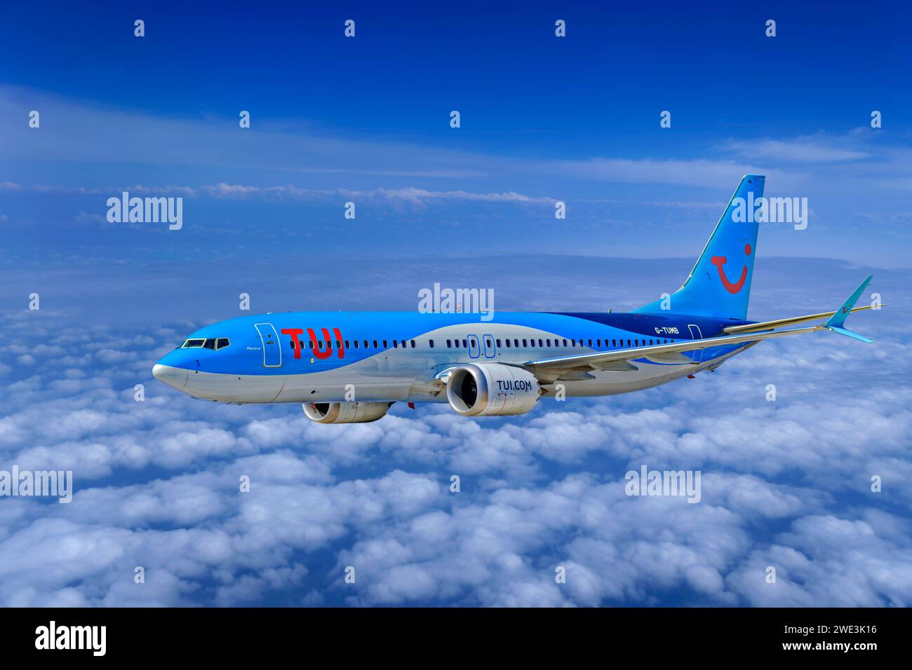 TUI Boeing 737 MAX 800 aircraft in level flight. Stock Photo