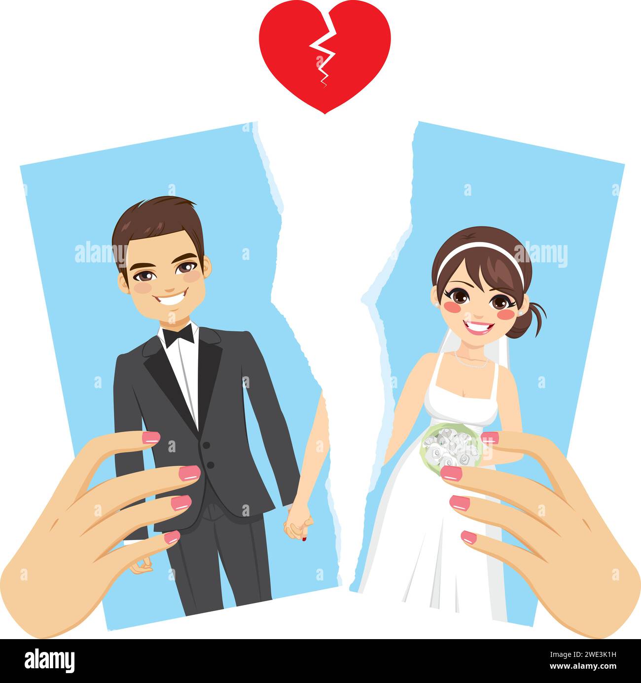 Illustration ripped photo divorce concept with female hands breaking apart wedding day portrait
