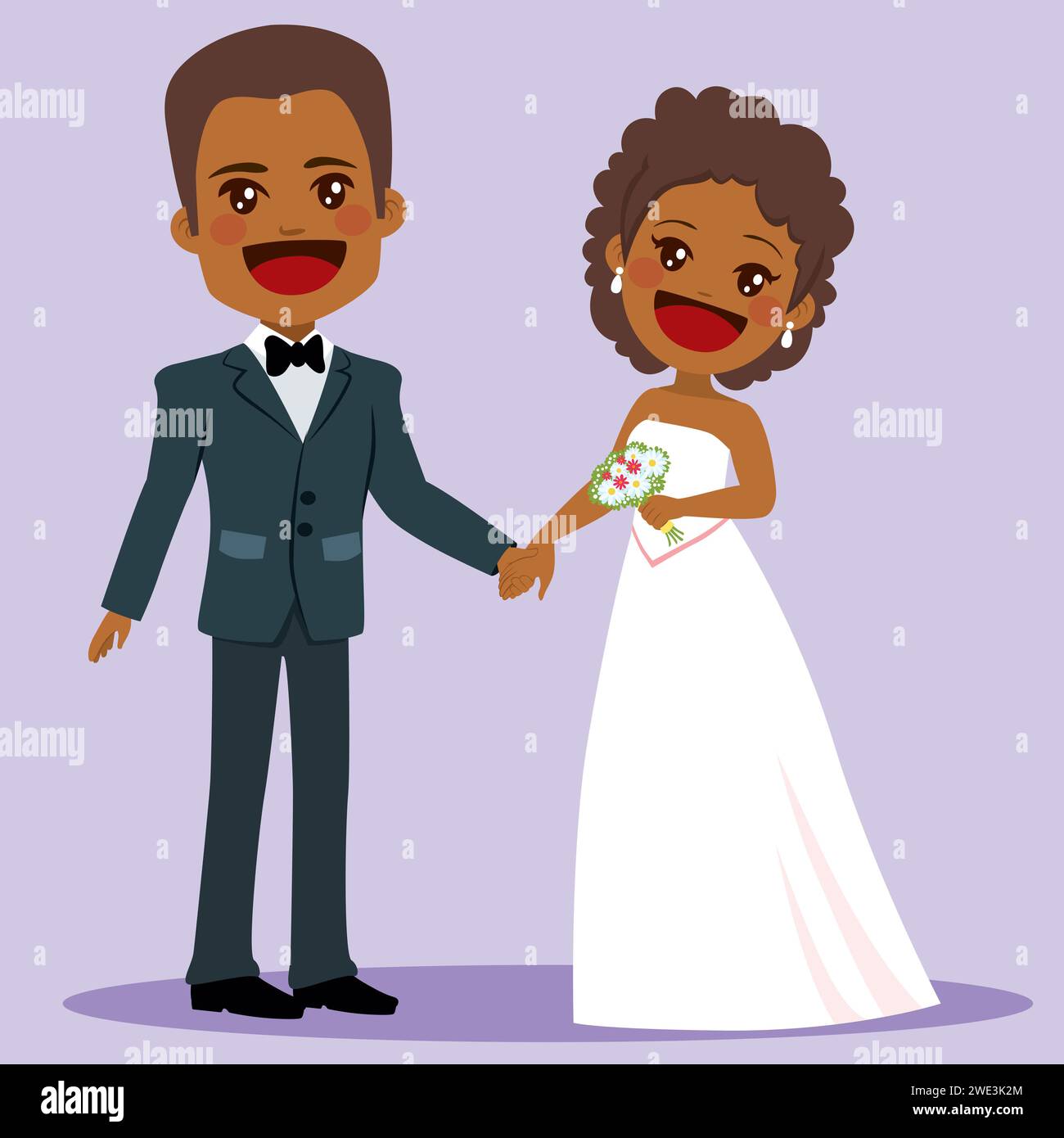 African American couple standing posing happy on wedding day holding ...