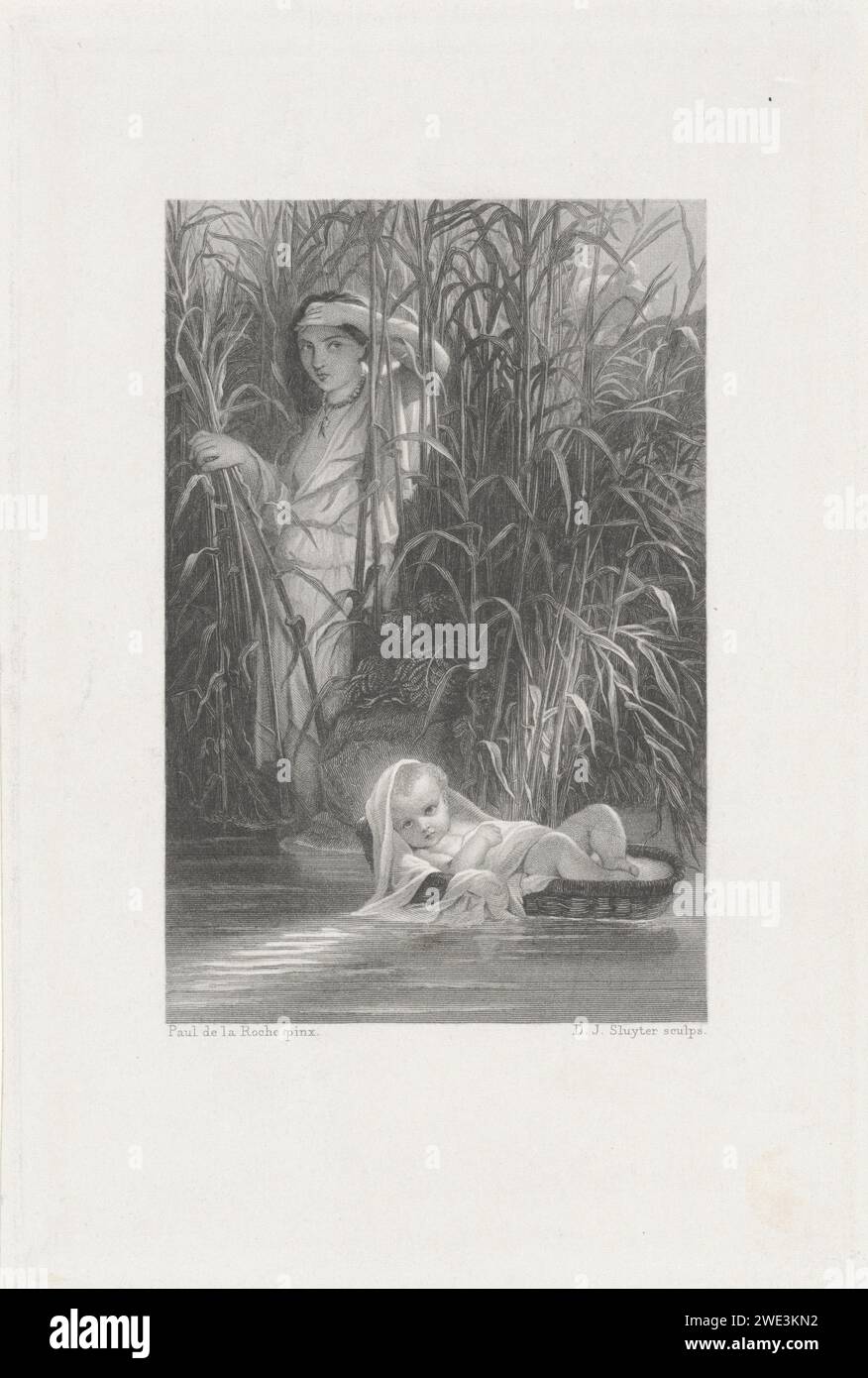 Pharaoh's daughter finds Moses in the Biezen Mandje, Dirk Jurriaan Sluyter, After Paul Delaroche, 1826 - 1886 print The daughter of the Pharaoh finds Moses in the Biezen basket between the reeds on the banks of the Nile river (ex. 2: 5). Amsterdam paper etching / engraving the finding of Moses: Pharaoh's daughter comes to bathe with her maidens in the river and discovers the child floating on the water Stock Photo