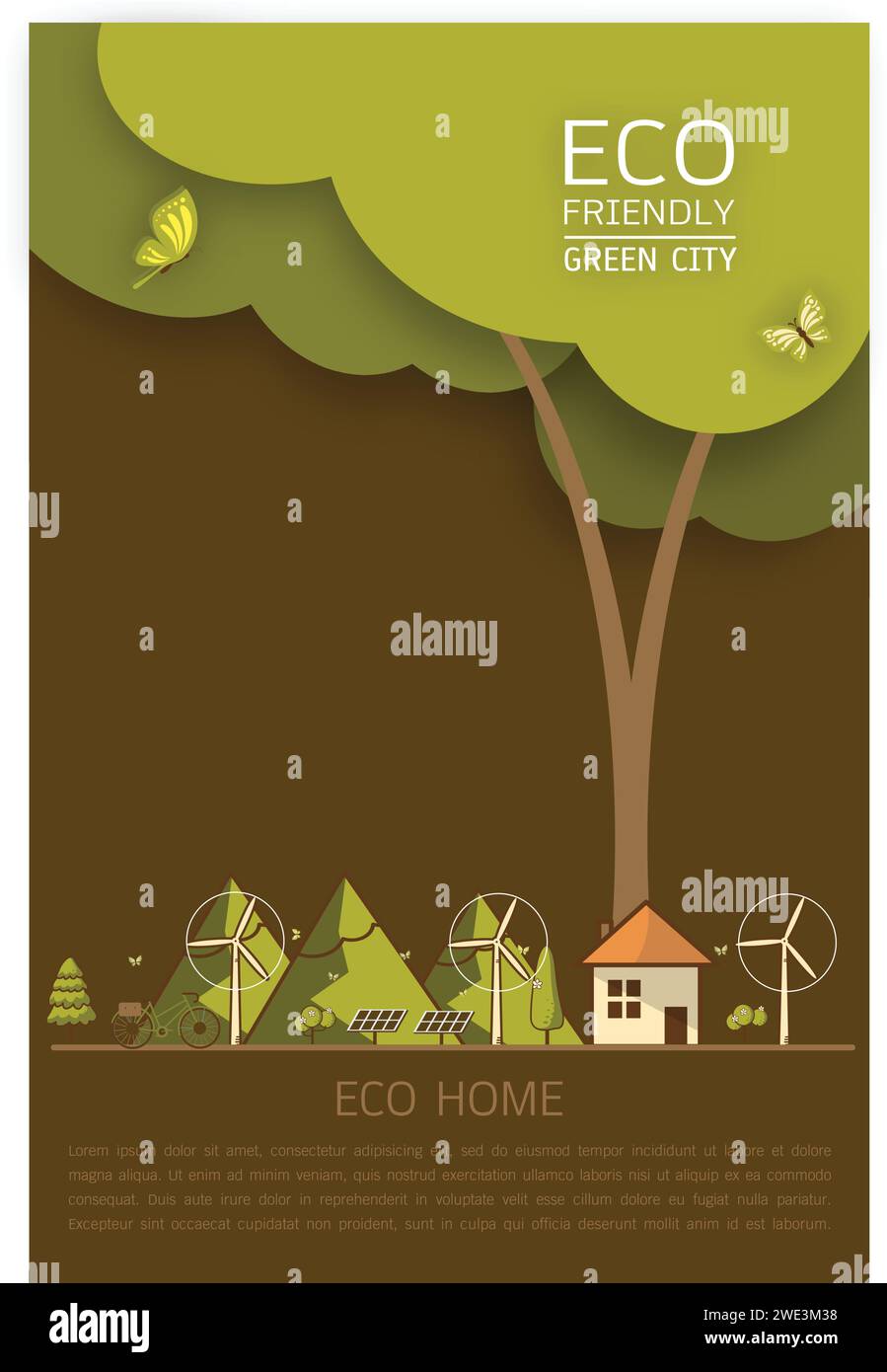 Vector illustration of a private house and wind turbines with green ...
