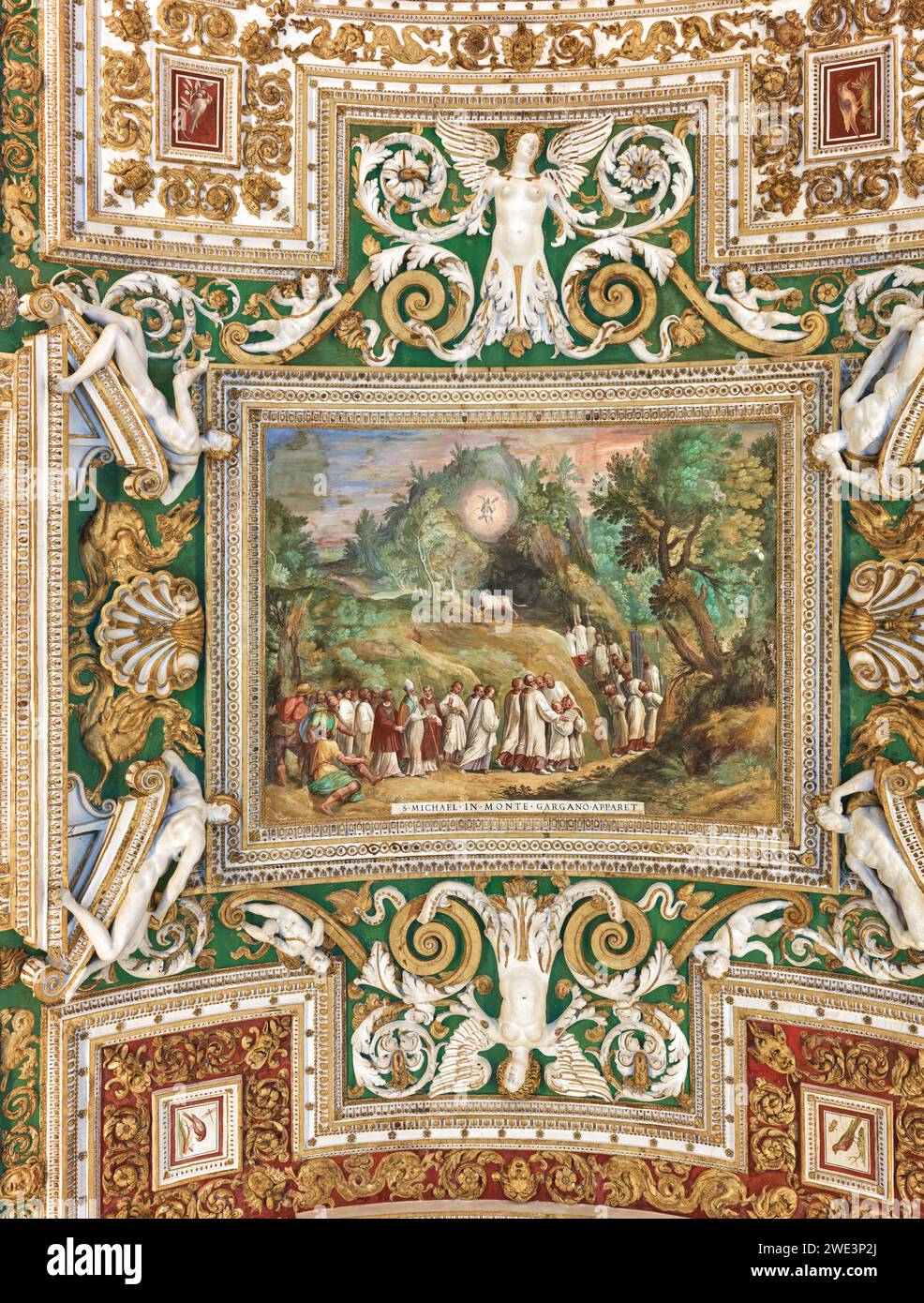 Painting (St Michael appears in Monte Gargano) and decorations on the ceiling in the gallery of geographical maps, Vatican museum, Rome, Italy. Stock Photo