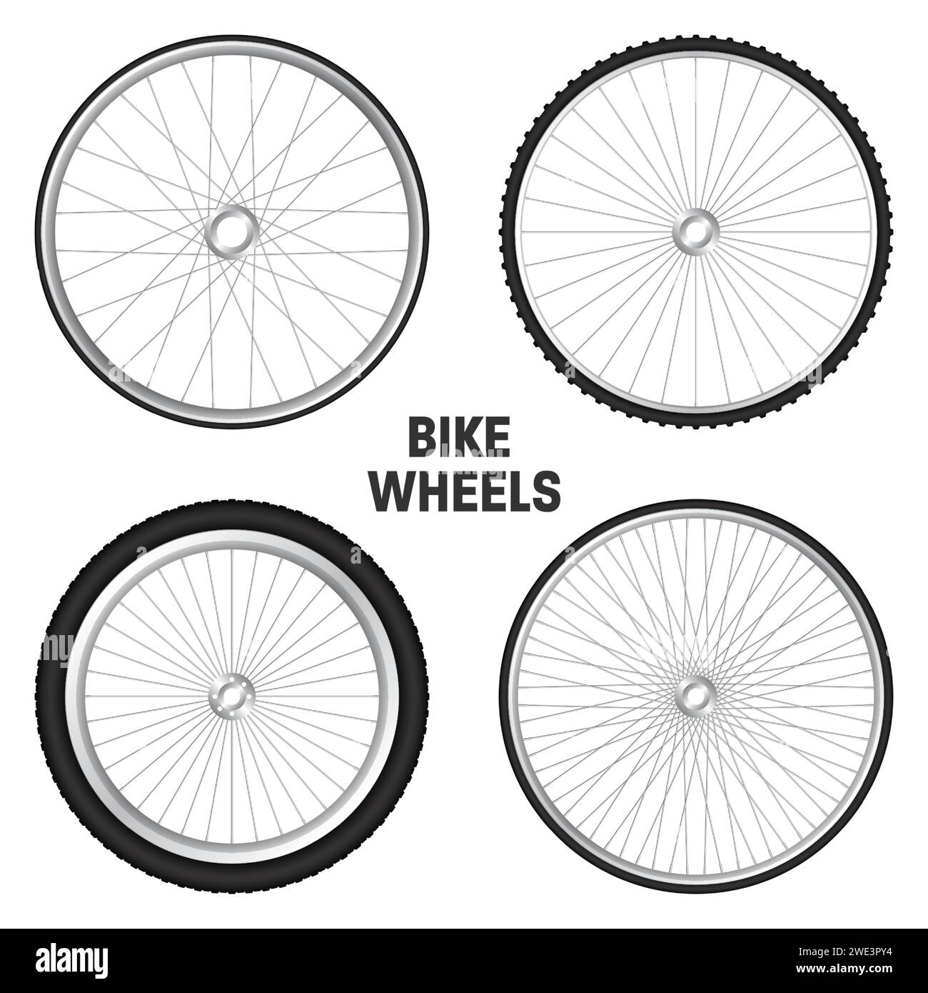 Realistic 3d bicycle wheels. Bike rubber tyres, shiny metal spokes and