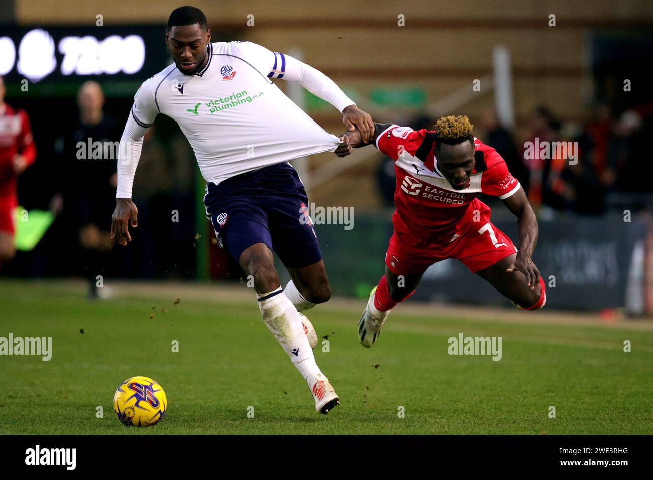 Leyton Orient’s Daniel Agyei (right) and Bolton's Ricardo Almeida Santos battle for the ball during the Sky Bet League One match at the Gaughan Group Stadium, London. Picture date: Saturday January 20, 2024. Stock Photo