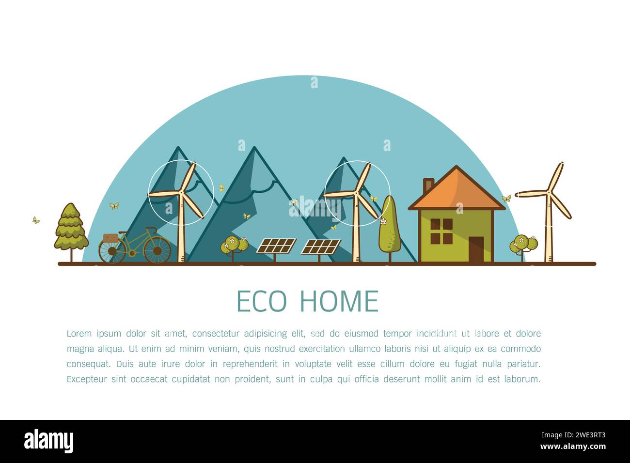 Vector illustration of a private house and wind turbines with green ...