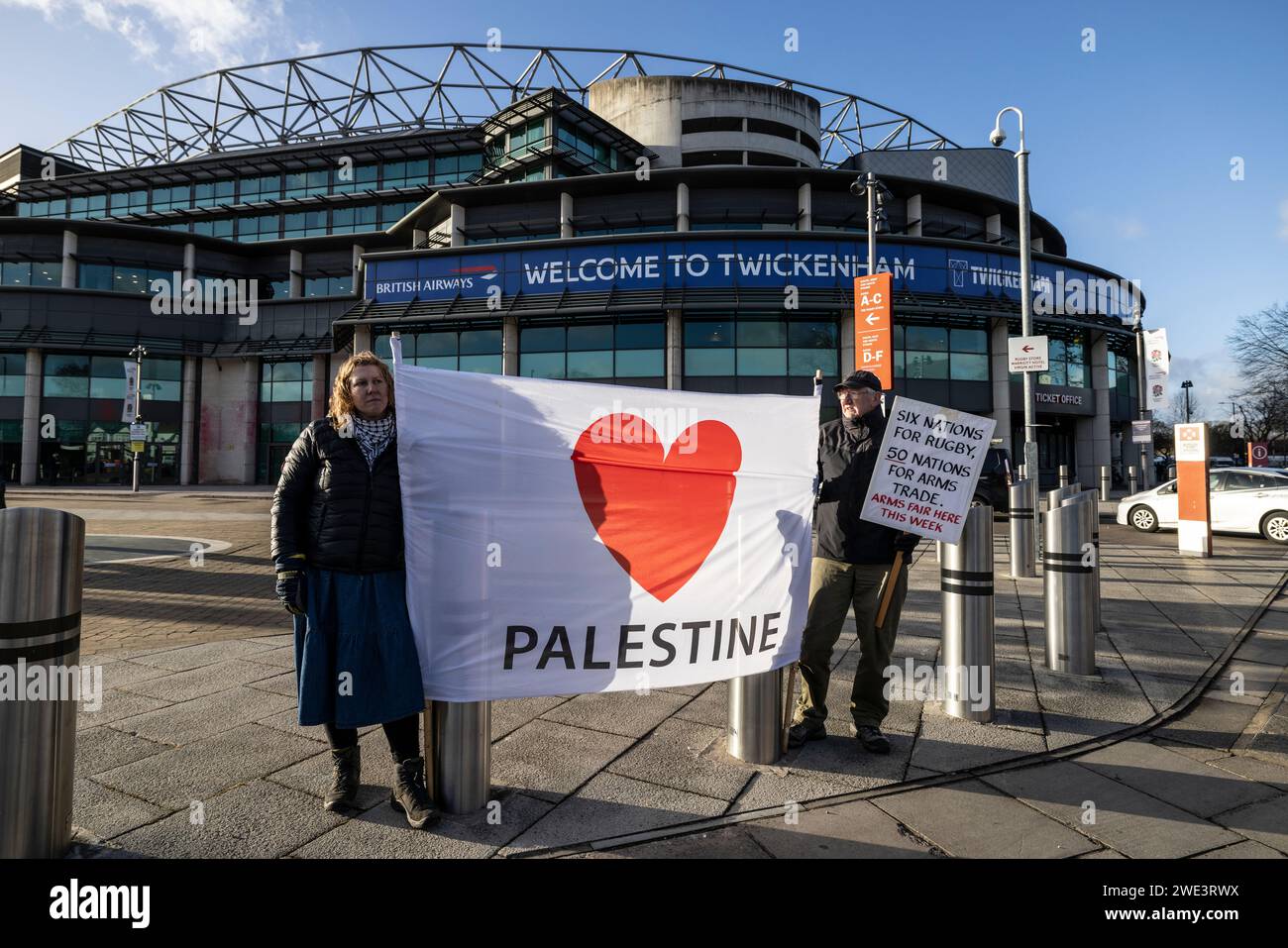 Pro-Palestine protesters PALESTINE ACTION take part in a demonstrations against military arms exhibition at Twickenham Rugby Stadium, Southwest London. Stock Photo
