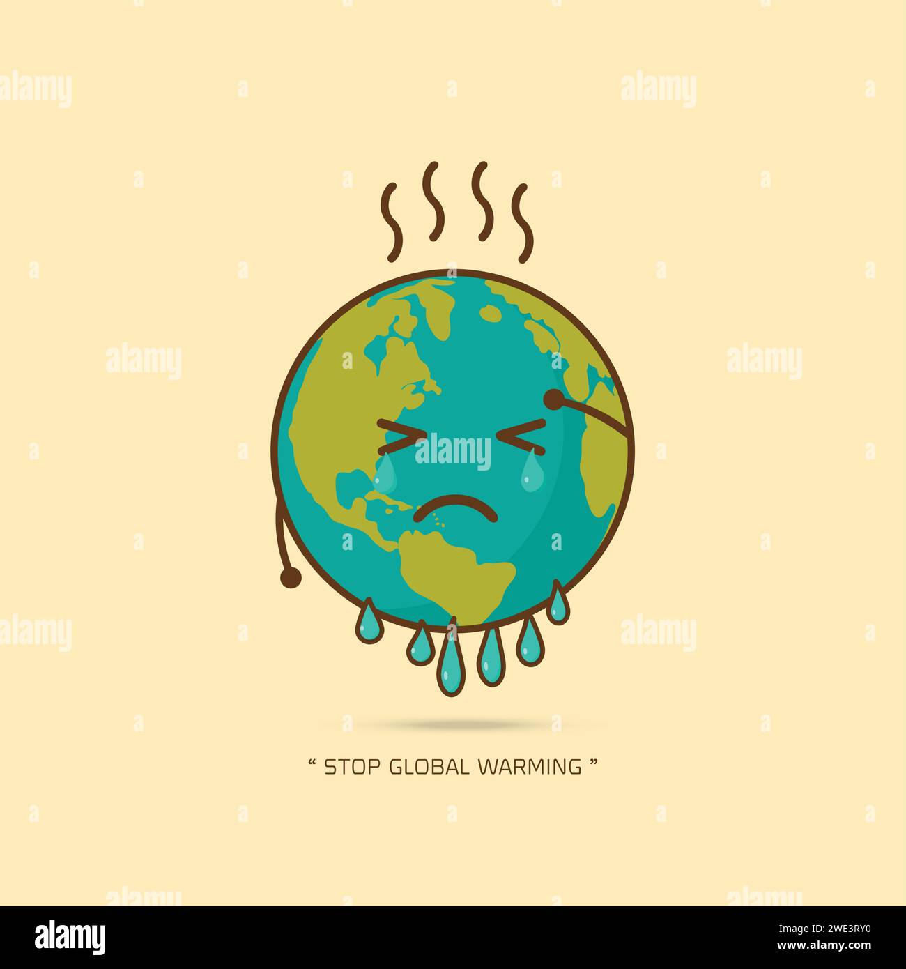 Stop global warming. cartoon character of Planet earth  on yellow background vector illustration. Stock Vector