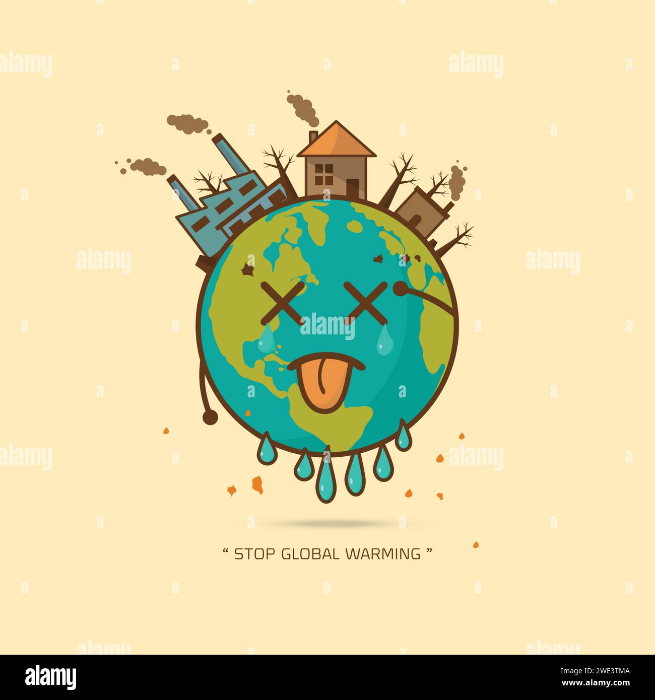 Stop global warming. cartoon character of Planet earth  on white background vector illustration. Stock Vector