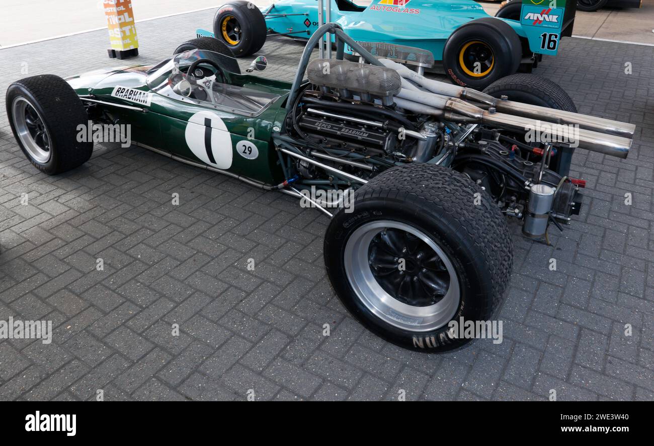 Side view of a 1968, Brabham BT24 Repco, on display in the International Paddock during the 2023 Silverstone Festival Stock Photo