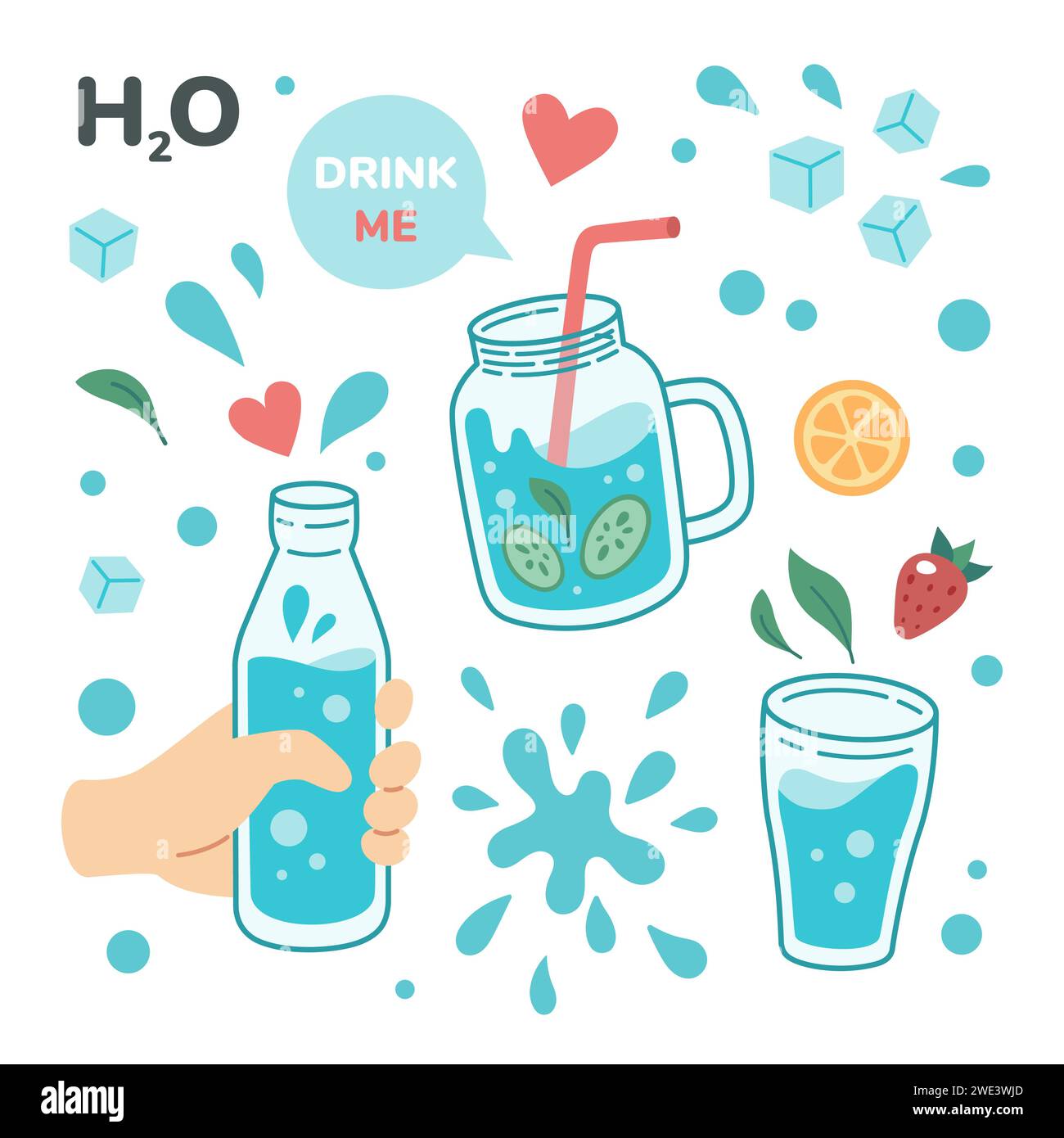 Drink more water concept, drinking water in drinking glass, jar, glass bottle. Set of various bottles, glasses, correct daily habits, morning rituals. Zero waste. Hand drawn Vector illustration. Stock Vector