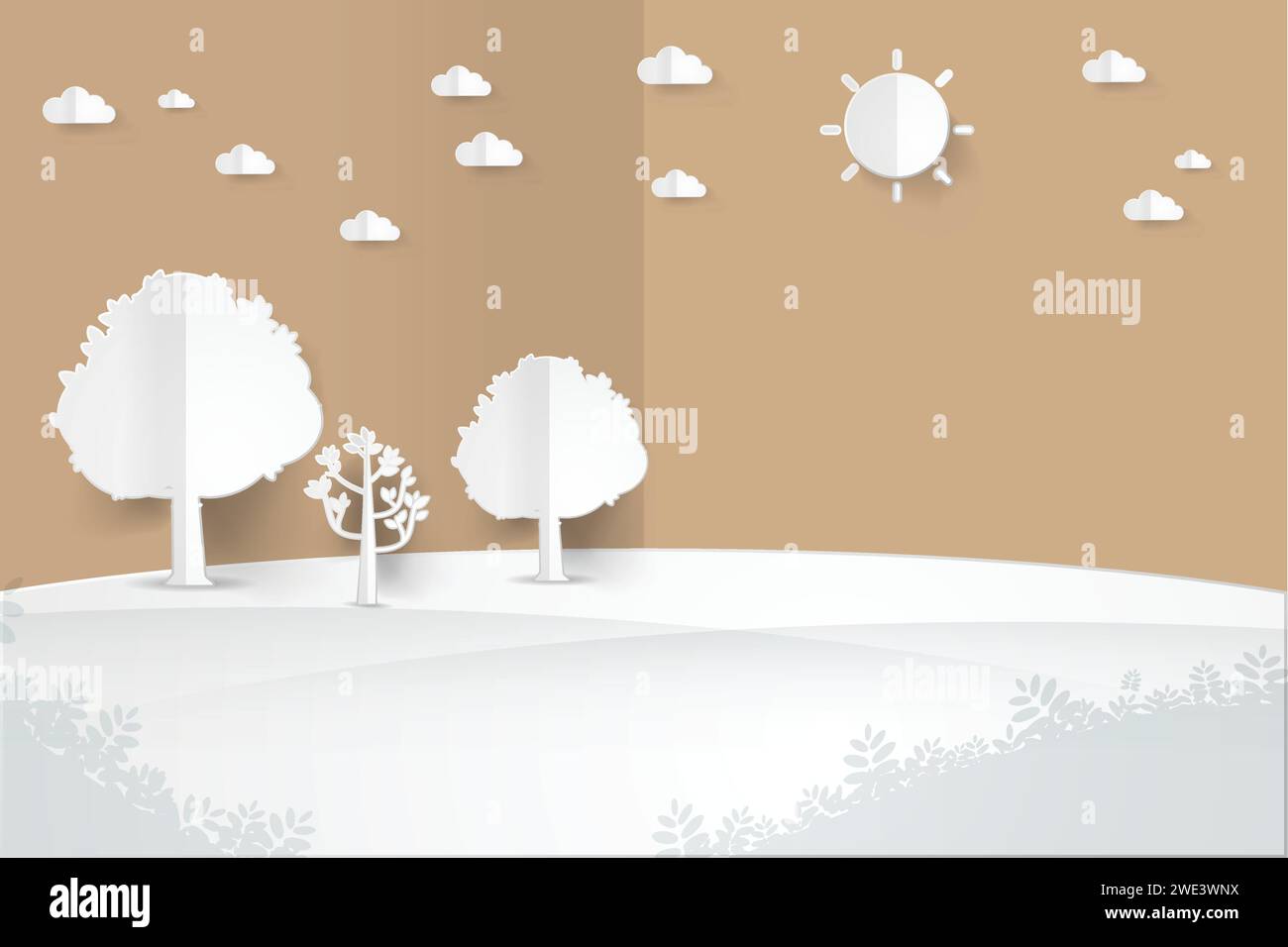 minimalist landscape with tree,hill,sun,cloud landscape background, paper art style vector illustration. Stock Vector
