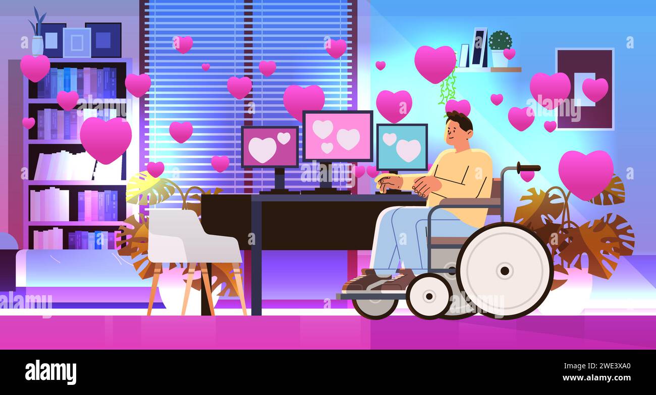 disabled man programmer in wheelchair sitting at workplace software ...