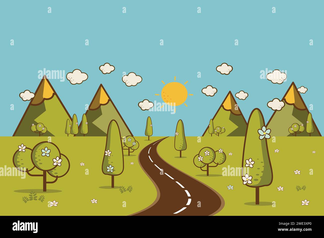 Road in green valley, mountains, hills, clouds and sun on the sky. Flat style illustration of spring or summer nature.Landscape background Vector illu Stock Vector