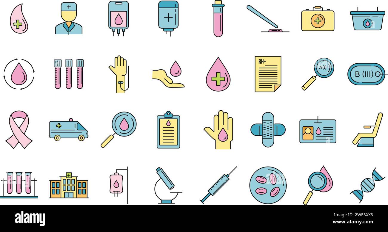 Blood donation icons set. Outline set of blood donation vector icons ...