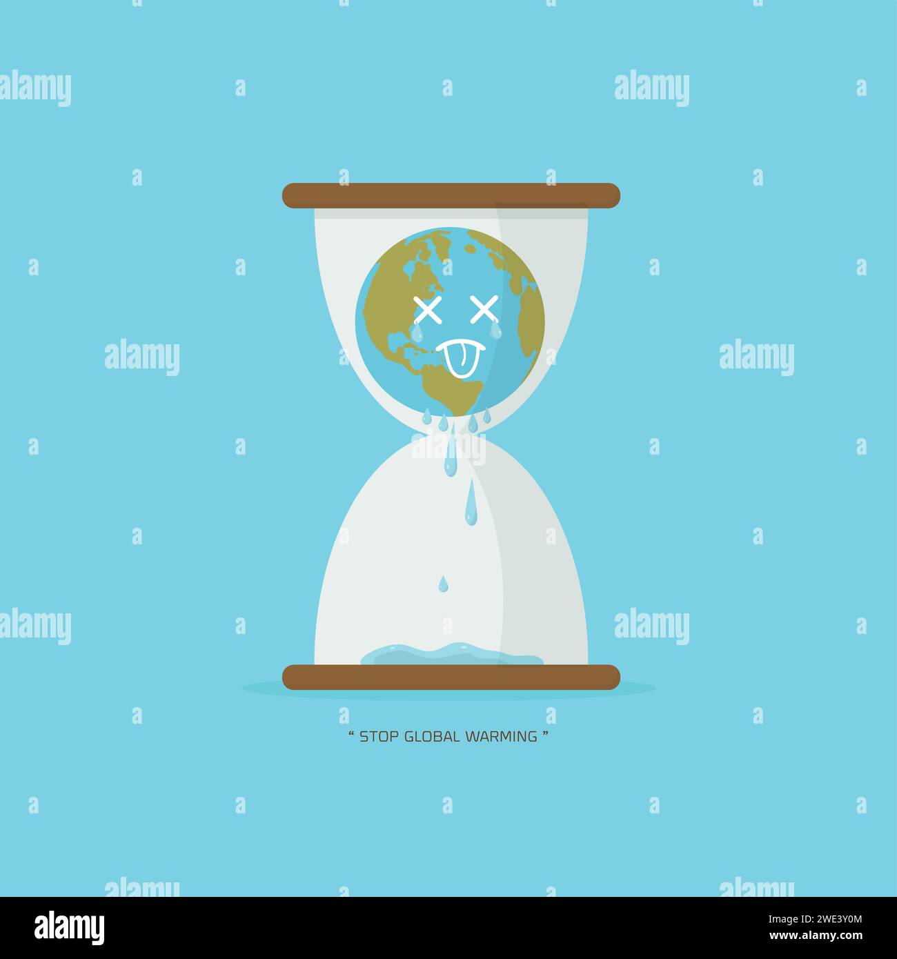 Stop global warming. cartoon character of Planet earth in hourglass limited time concept on blue background vector illustration. Stock Vector