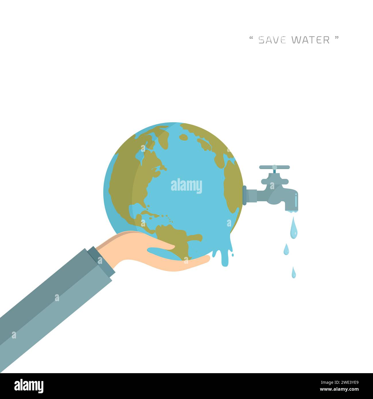 Water world day with hand hold faucet or water tap with a drop of water out to earth and save water text vector design illustration Stock Vector